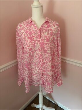 Charter Club Luxury Pink and White Floral Linen Button-Down Blouse